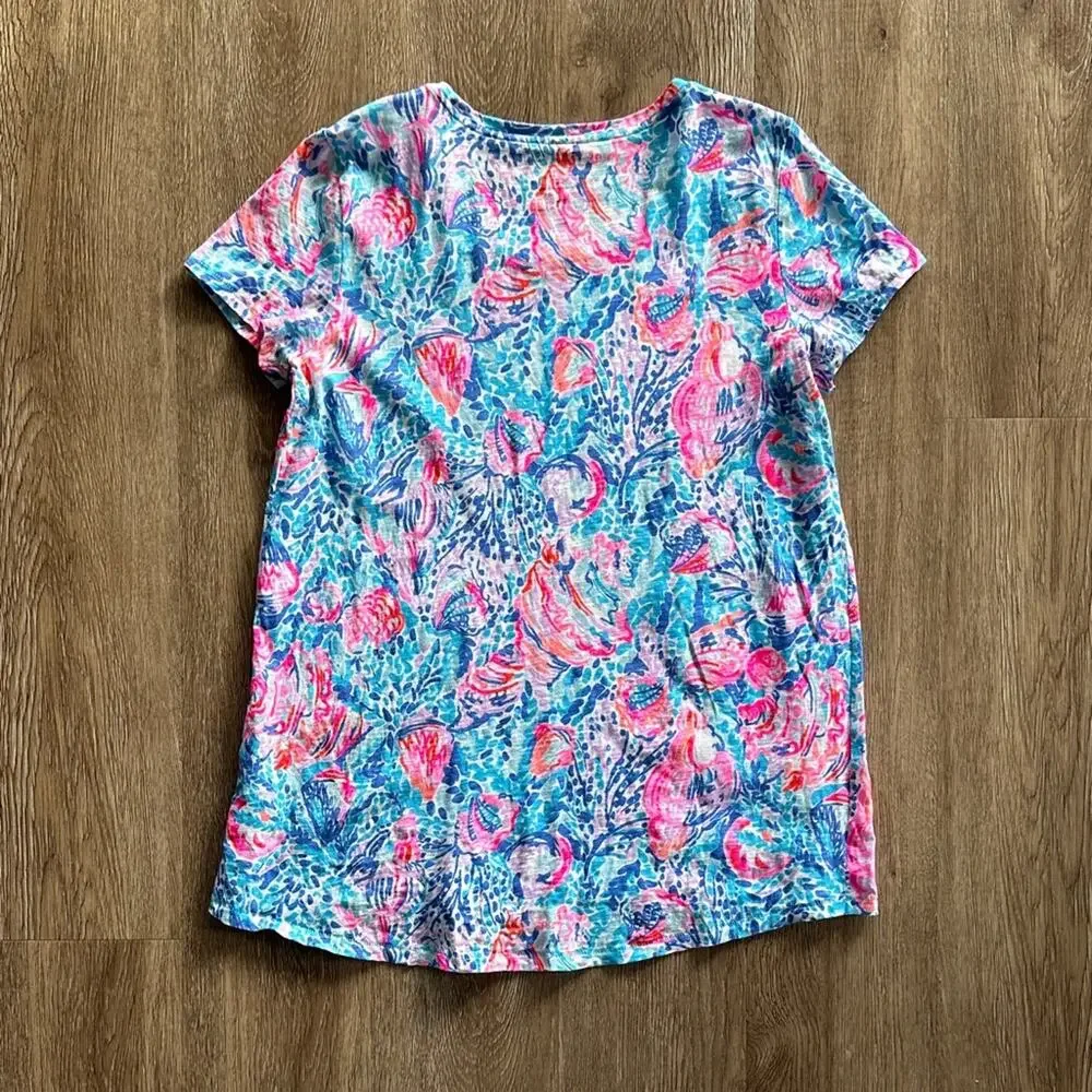 Lilly Pulitzer Etta Scoop Neck Short Sleeve Top Multi Treasure Trove XS Cotton - Picture 5 of 5